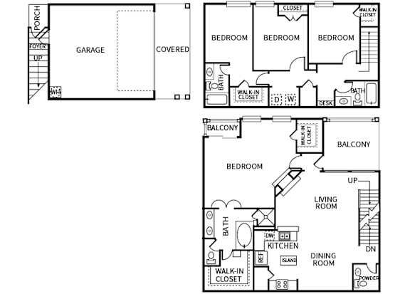 A floor plan of a house with a garage, three bedrooms, a living room, a dining room, a powder room, a kitchen, and a balcony.
