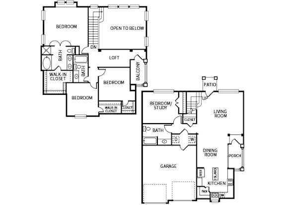 A floor plan of a house with two bedrooms, a living room, a dining room, a kitchen, a garage, and a bathroom.
