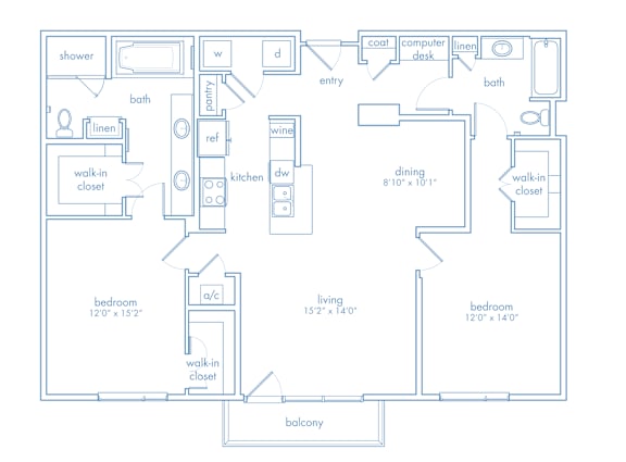 A floor plan of a house with two bedrooms, a living area, a dining area, a kitchen, a bathroom, a shower, a washer and dryer, a linen closet, a walk-in closet