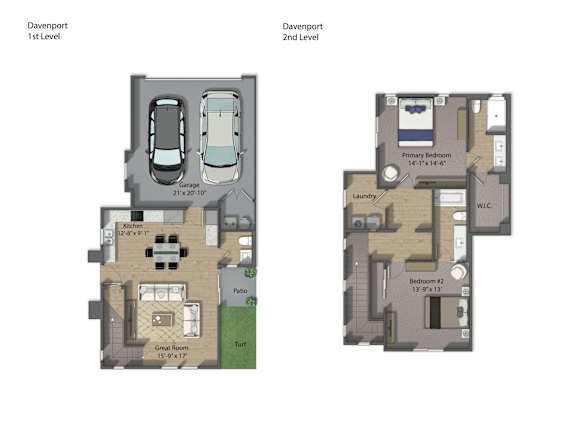 A floor plan of a two-level Davenport with a garage and a great room on the first level and a laundry room, two bedrooms, and a W.I.C. on the second level.