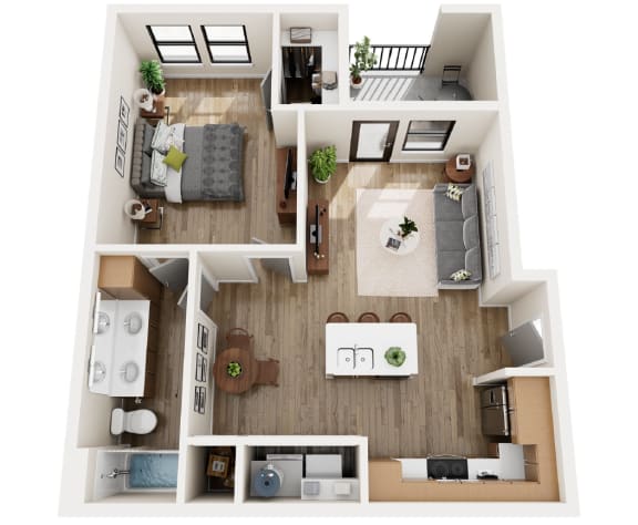 a 3d rendering of a floor plan with a bedroom and living room