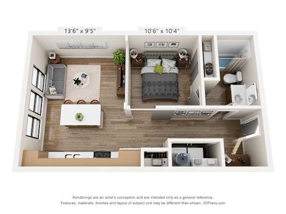 A 3D floor plan of a small apartment with a kitchen, living room, and bedroom.