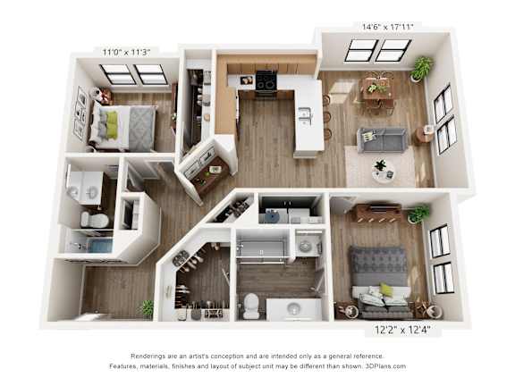 A 3D floor plan of a two-bedroom apartment.