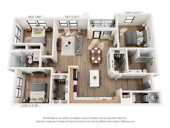 A 3D floor plan of a house with four bedrooms, a living room, a kitchen, and a bathroom.