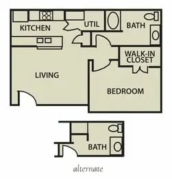 A floor plan of a home with a living room, kitchen, bedroom, and bathroom.