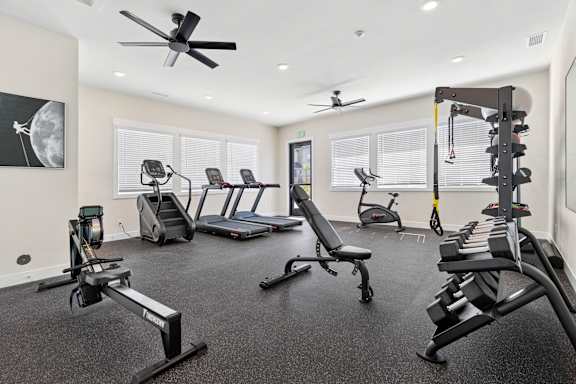 A gym with a variety of equipment including treadmills, rowing machines, and weight benches.
