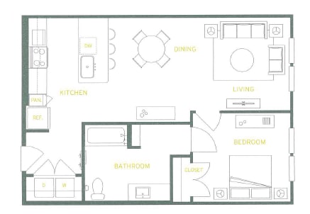 A floor plan of a house with a kitchen, living room, dining room, bedroom, bathroom, and closet.
