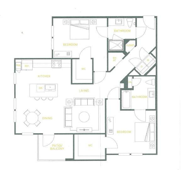 A floor plan of a house with a kitchen, living room, dining room, and multiple bedrooms.