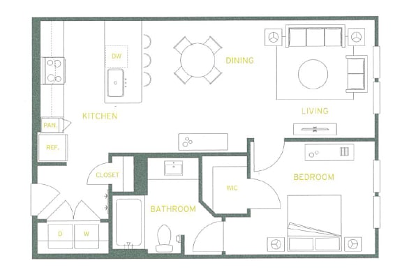 A floor plan of a house with labeled rooms such as kitchen, living room, and bathroom.