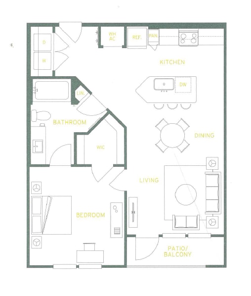 A floor plan of a house with a kitchen, dining, living room, bathroom, bedroom, and patio/balcony.