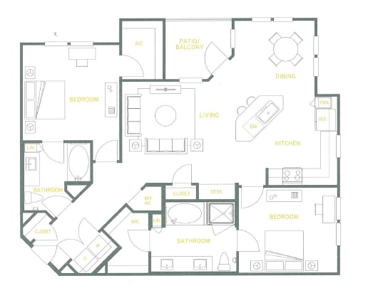 A floor plan of a house with labeled rooms such as kitchen, living room, and bathroom.