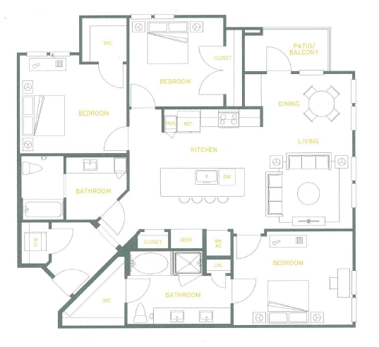 A floor plan of a house with labeled rooms such as bedrooms, a kitchen, and a living room.