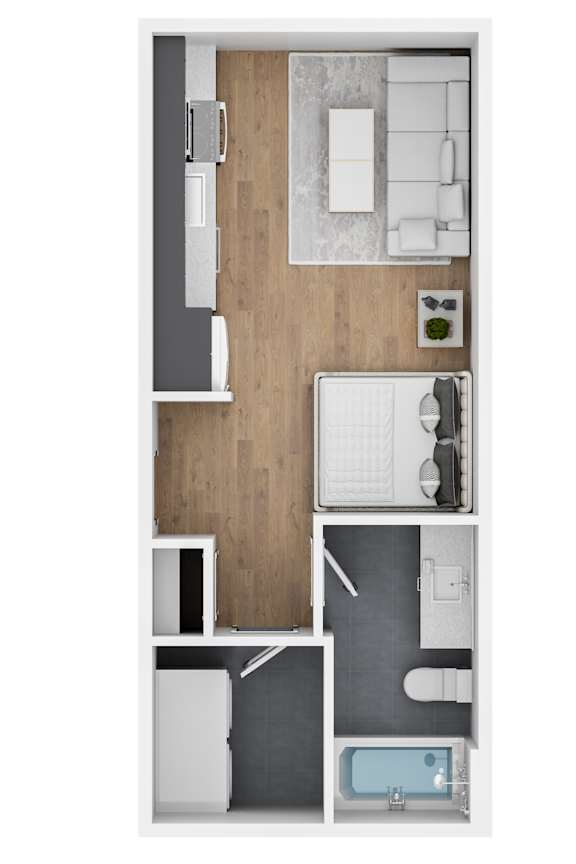 A top down view of a modern kitchen with a dining table and chairs.