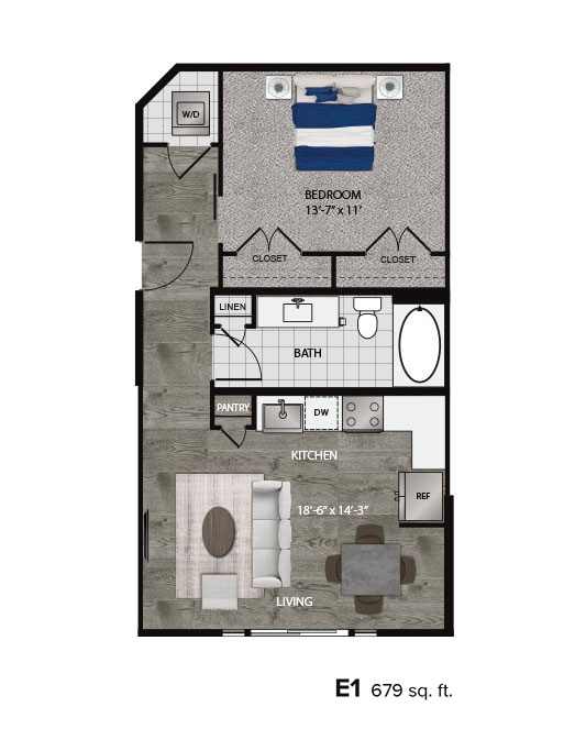 A floor plan of a one bedroom apartment with a living room and a kitchen.