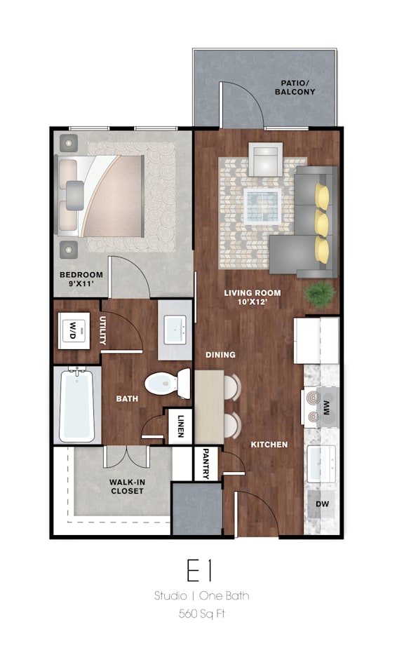 A floor plan of an apartment with a living room, dining room, kitchen, and bathroom.