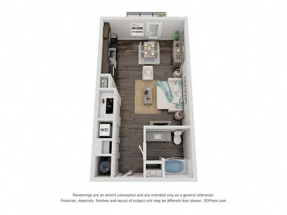 A 3D image of a small apartment with a kitchen, living room, and bedroom.