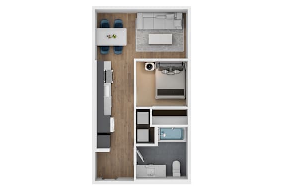 A floor plan of a small apartment with a kitchen, living room, and bathroom.