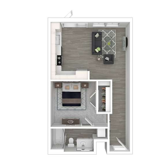 A top-down view of a small apartment with a kitchen, living room, and bathroom.