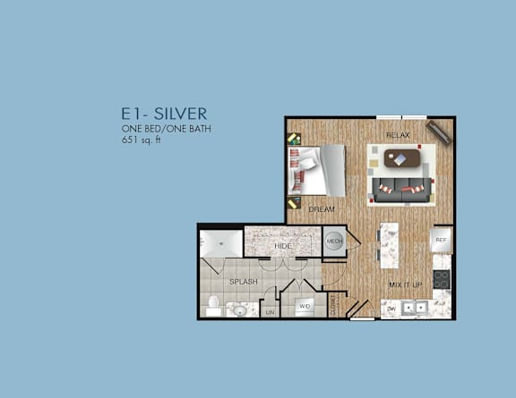 A floor plan for a one bedroom, one bath apartment.