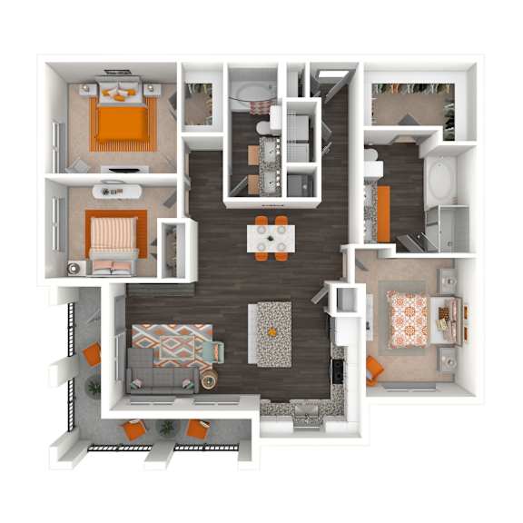 A top-down view of a house layout with multiple rooms and furniture.