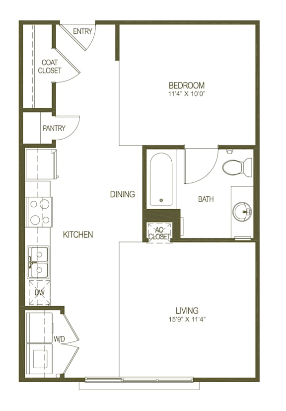 A floor plan of a living space with a bedroom, kitchen, and bathroom.
