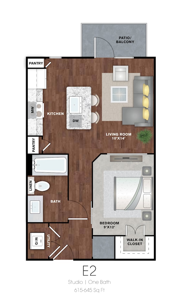 A floor plan of a studio apartment with a kitchen, bathroom, living room, and bedroom.