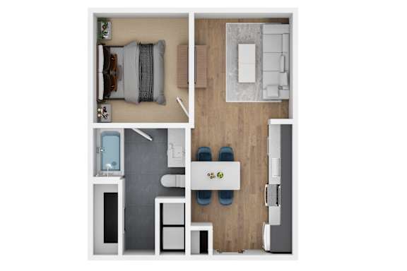 A top down view of a small apartment with a bedroom, living room, kitchen, and bathroom.