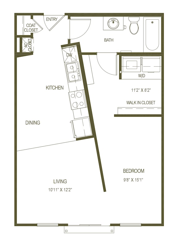 A floor plan of a small apartment with a kitchen, living room, dining area, and bathroom.
