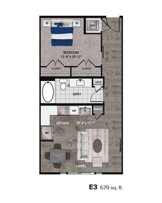 A floor plan of a 679 square foot home with a bedroom, bathroom, kitchen, and living room.