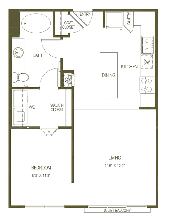 A floor plan of a living space with a bedroom, bathroom, kitchen, and dining area.