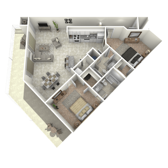 A 3D floor plan of a house with multiple rooms and furniture.