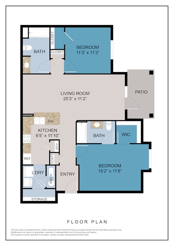 A floor plan of a house with a living room, two bedrooms, a kitchen, a bathroom, a patio, and a storage area.