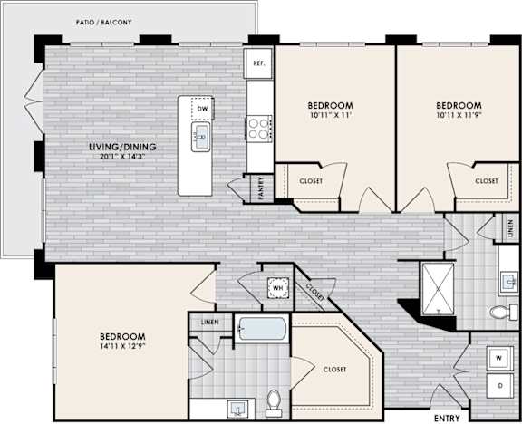 A floor plan of a home with a living room, dining room, and three bedrooms.