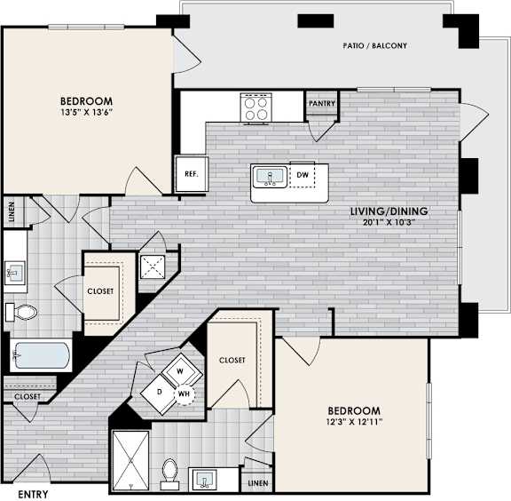 A floor plan of a home with a living room, two bedrooms, a pantry, and two closets.
