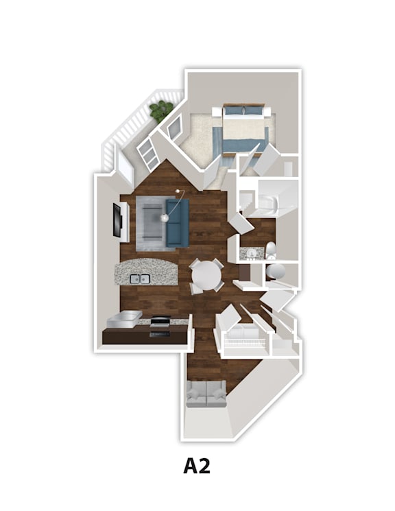 A 2 bedroom apartment with a living room, kitchen, and bathroom.