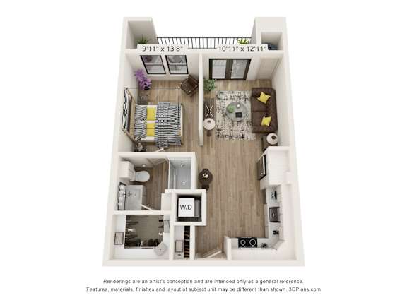 A 3D floor plan of a small apartment with a kitchen, living room, and bathroom.