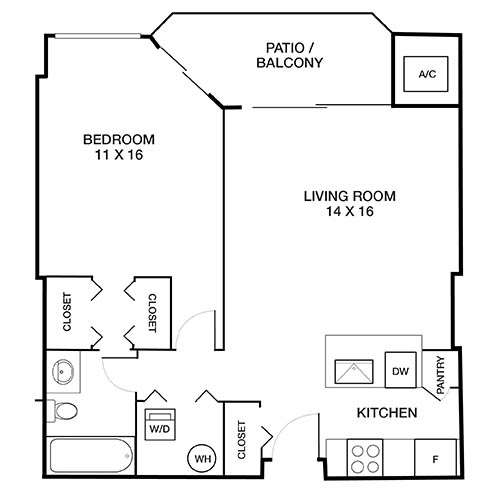 A 2D floor plan of a home with a living room, kitchen, bedroom, and bathroom.