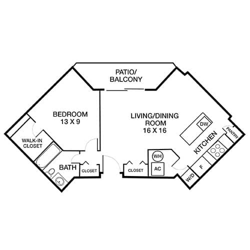 A 2D floorplan of an apartment layout with a living room, dining room, kitchen, bedroom, bathroom and closets.