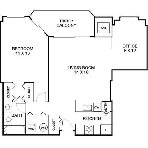A 2D floorplan of an apartment layout with a living room, dining room, kitchen, bedroom, bathroom and closets.