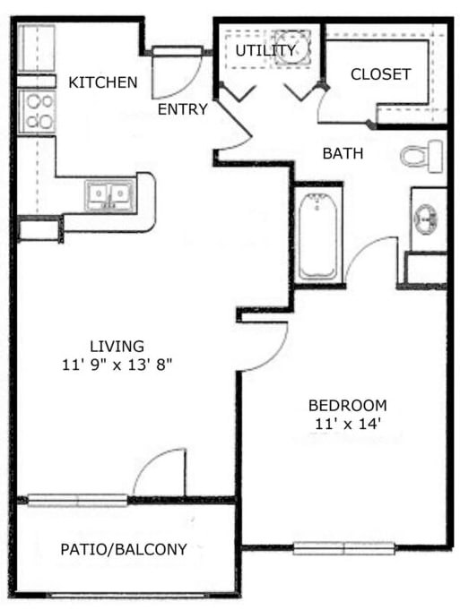 A floor plan of a small apartment with a living room, bedroom, kitchen, bathroom, and utility closet.