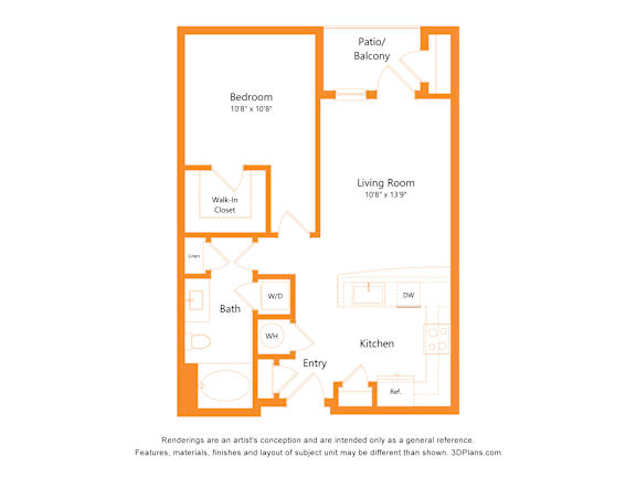 A floor plan of a house with a living room, kitchen, bath, and bedroom.