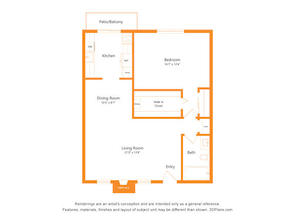 A floor plan of a house with a living room, dining room, kitchen, bathroom, and bedroom.