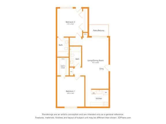 A floor plan of a house with two bedrooms, a living/dining room, a kitchen, a bath, and a patio/balcony.