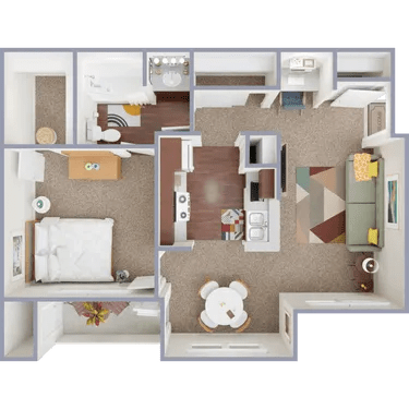 A dollhouse floor plan with a living room, kitchen, and bedroom.