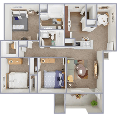 A 3D floor plan of a small apartment with a kitchen, living room, and bedroom.