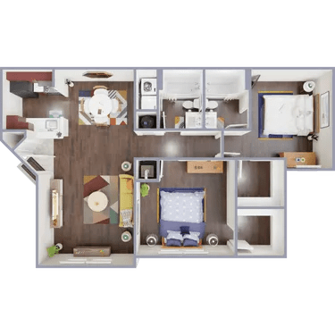 A dollhouse floor plan with furniture and appliances.