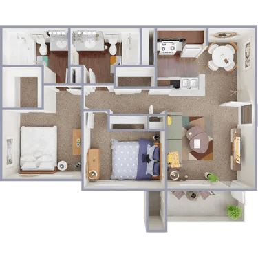 A 3D floor plan of a small apartment with a bedroom, living room, and kitchen.