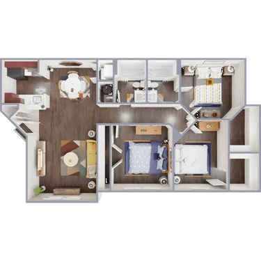 A 3D floor plan of a house with a kitchen, living room, and bedrooms.