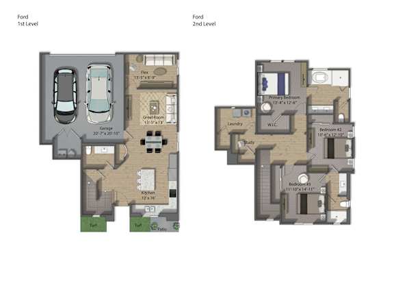 A floor plan of a two-level home with labeled rooms and dimensions.