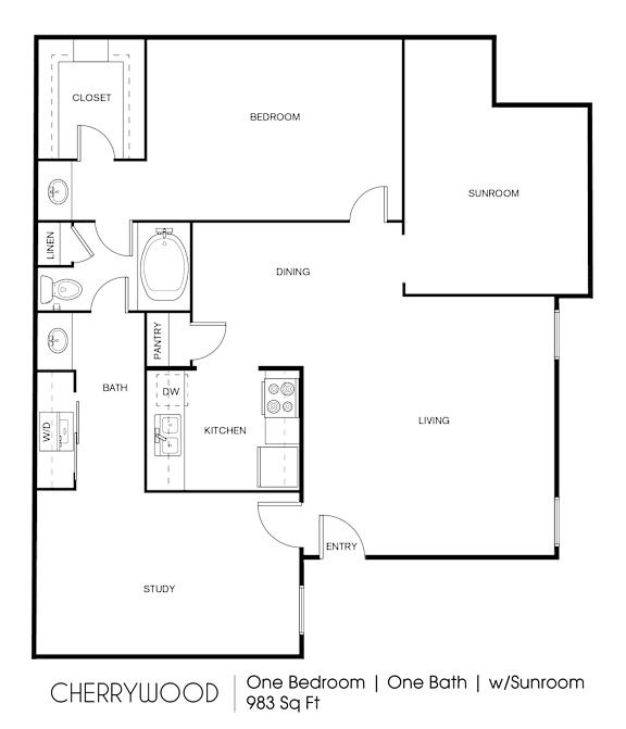 A floor plan of a one bedroom apartment with one bath and a sunroom.